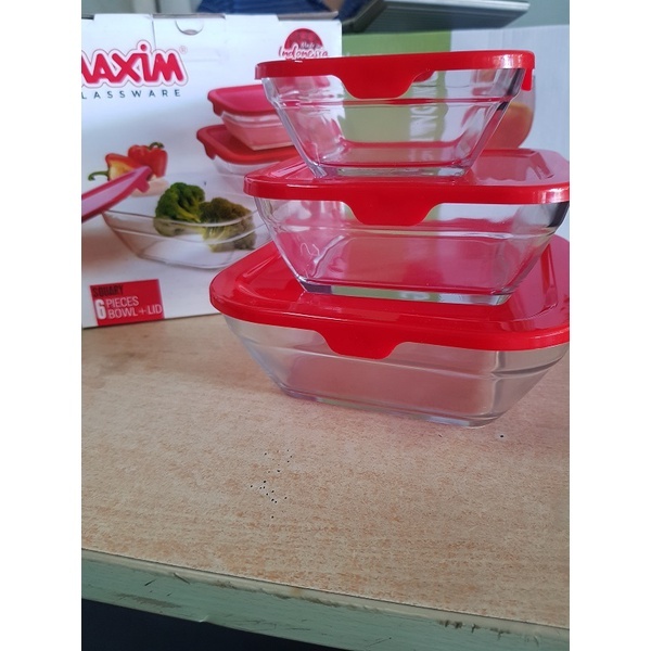 1 Set Mangkok Kaca Tutup Kotak isi 3 Pcs Mangkok Kaca Mangkok Sayur Mangkok Bekal Mangkok Lucu