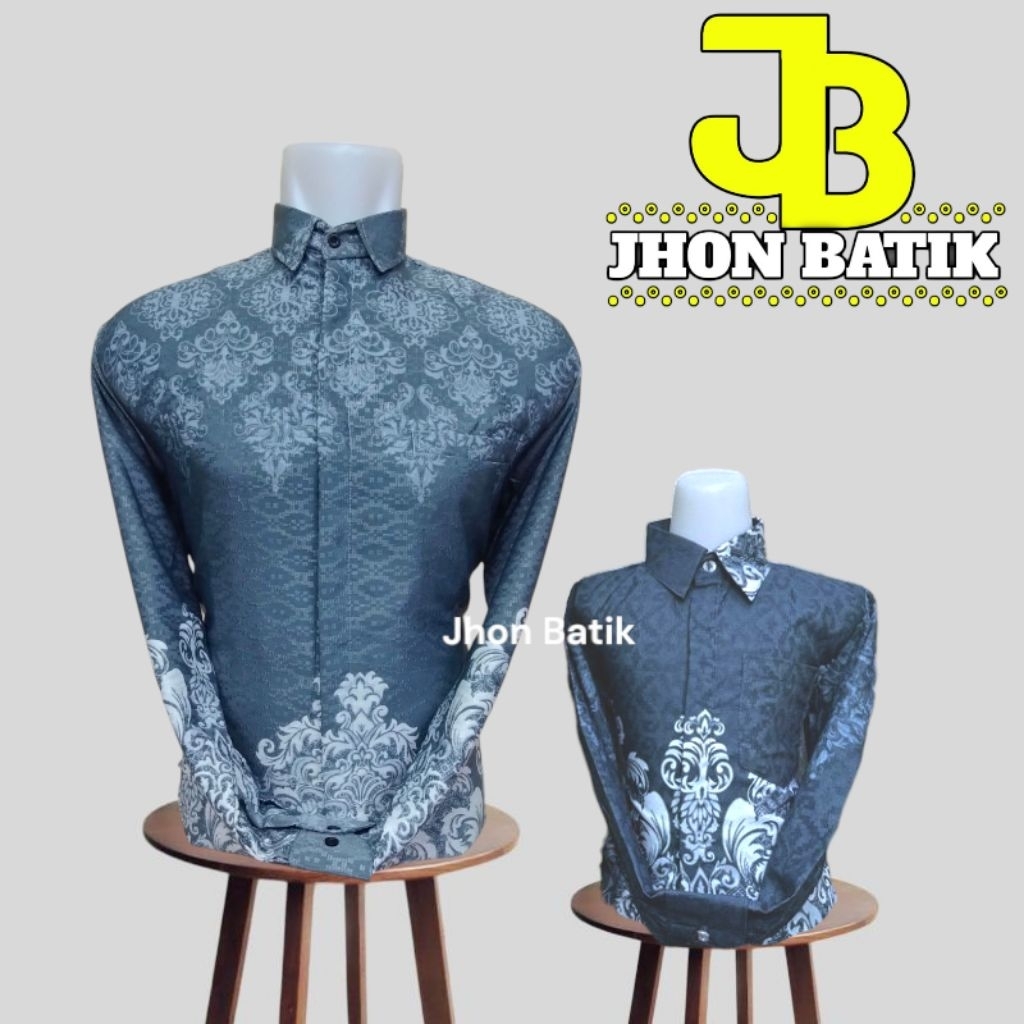 Kemeja batik abu abu silver bahan dobby couple ayah dan anak//batik abu silver premium ☑️
