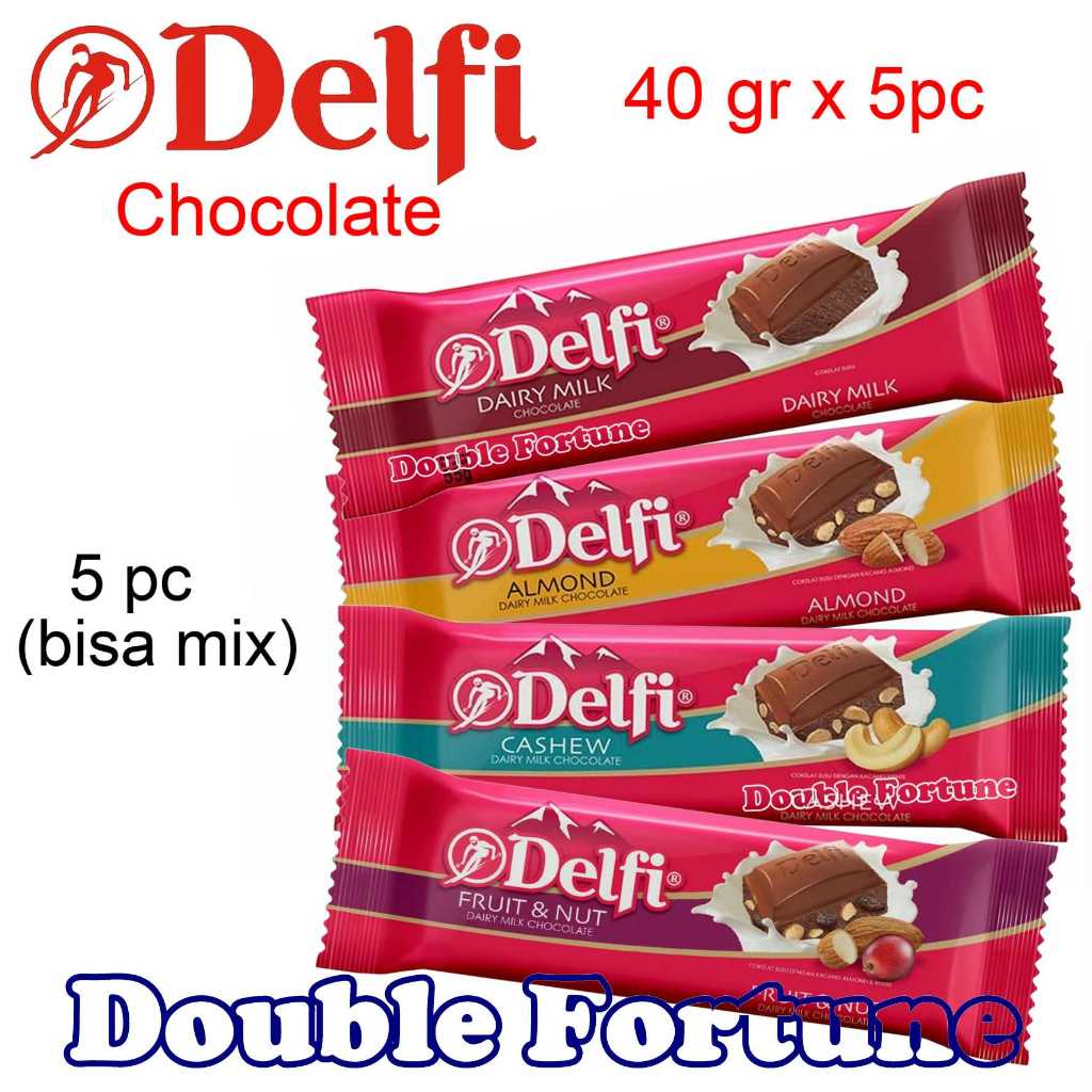 

Delfi Dairy Milk Chocolate , almond, cashew, fruit & nut 40g x 5 Pcs coklat