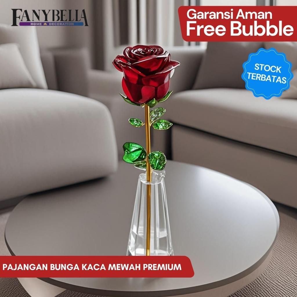 Pajangan Kristal Kaca Mawar Merah Dekorasi Rumah Import