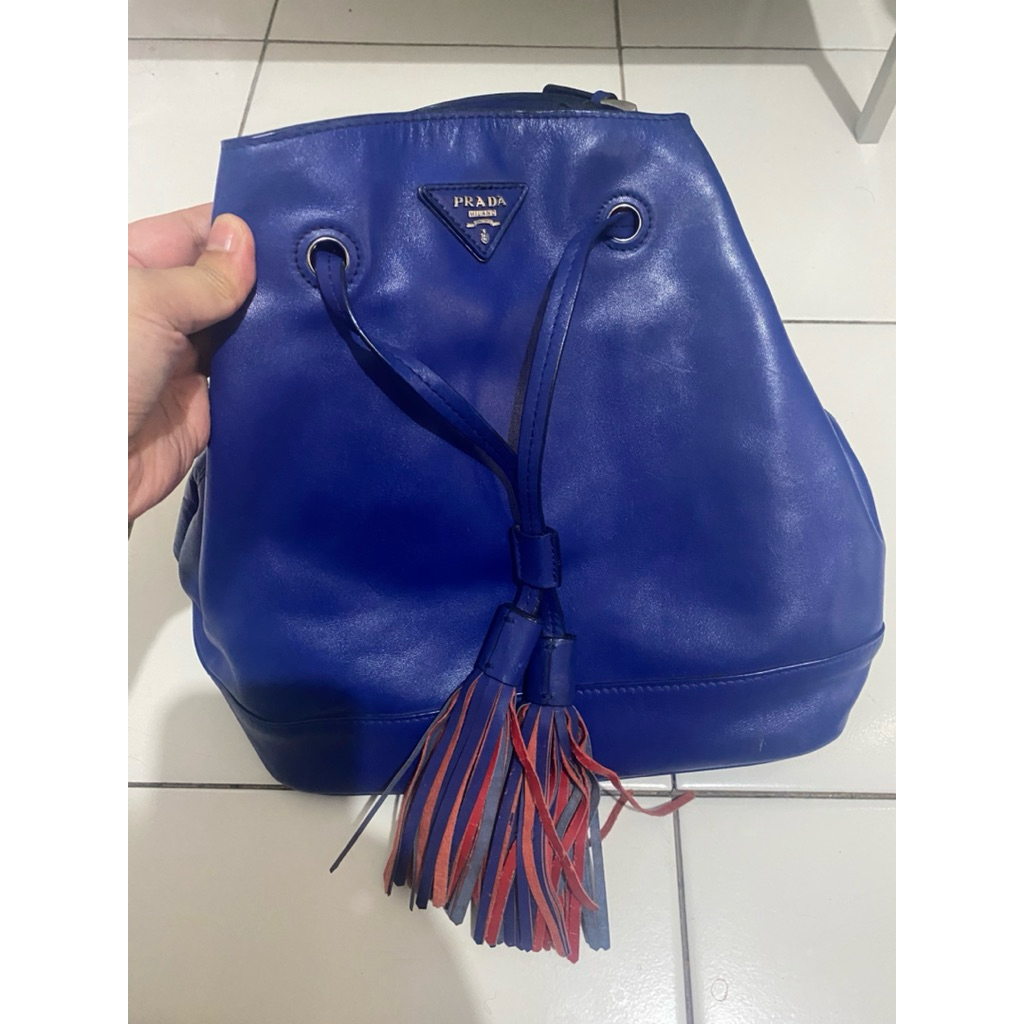 Dijual Prada Bucket Bag Fall 2014 Blue Calf Leather Kulit Asli