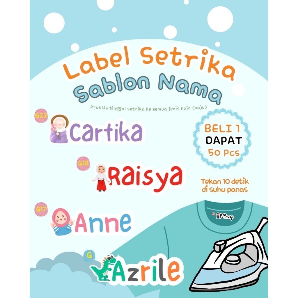 

ISI 50 PCS Sticker Label nama Setrika / stiker untuk semua jenis Kain / LABEL BAJU ANAK