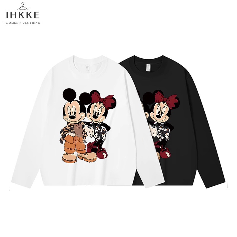 IHKKE Kaos Oversize Lengan Panjang Wanita/Cartoon Mickey Mouse Kaos Tebal/Baju Atasan Wanita Terbaru