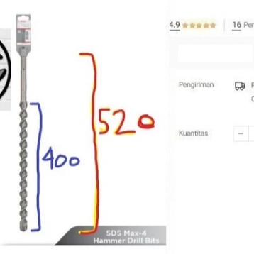 

Mata Bor Beton BOSCH SDS MAX 32mm x 520mm M4 32x520 Colok Tusuk