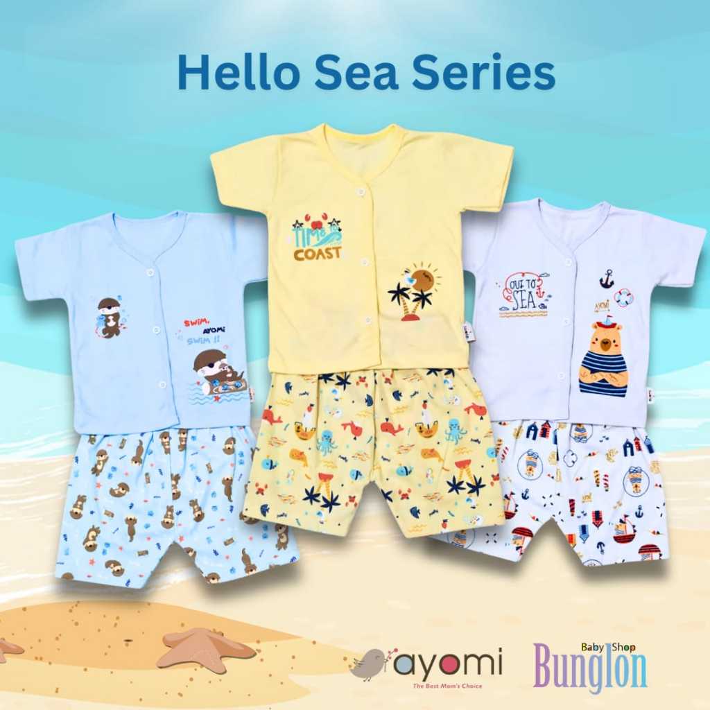 AYOMI Hello Sea Kancing Depan – Baju Setelan Bayi Anak SNI Murah Lusinan