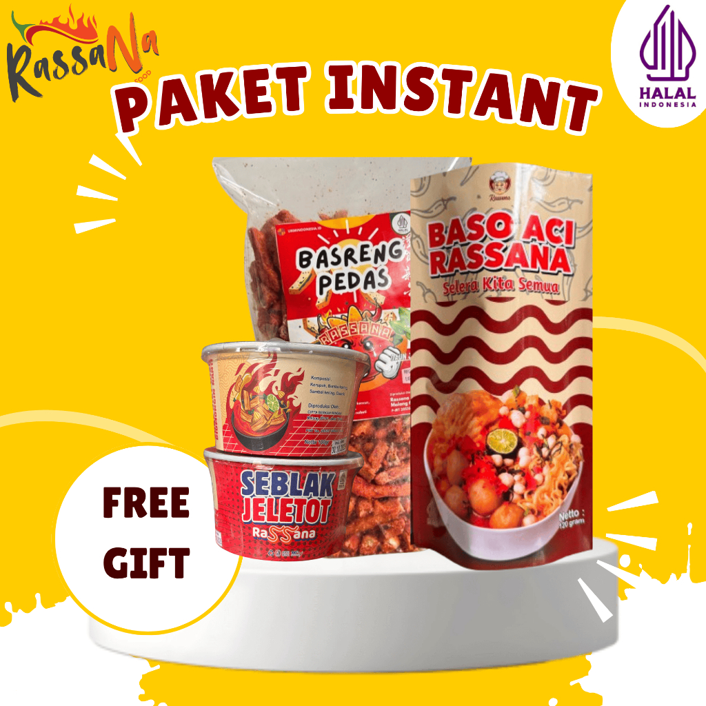 

RASSANA FOOD PAKET INSTANT 3-1 BASRENG PEDAS BASO ACI SEBLAK JELETOT + 1 SEBLAK JLETOT