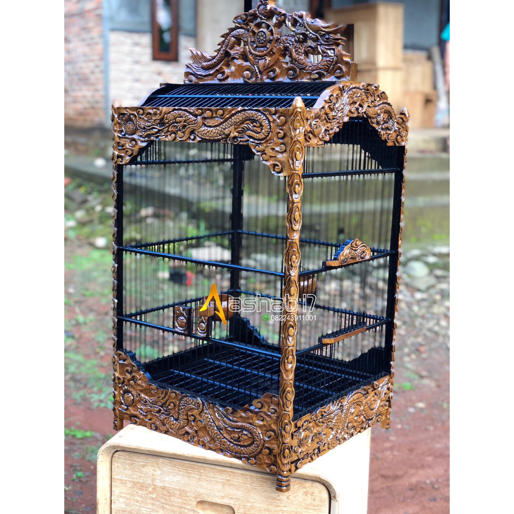 Sangkar Kotak Ukir Naga Kombinasi Jangkar Kayu Jati