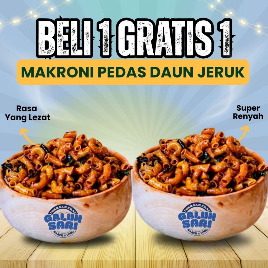 

BELI 1 GRATIS 1 - CEMILAN MAKRONI BANTET PEDAS DAUN JERUK EXTRA TEKSTUR RENYAH NIKMAT