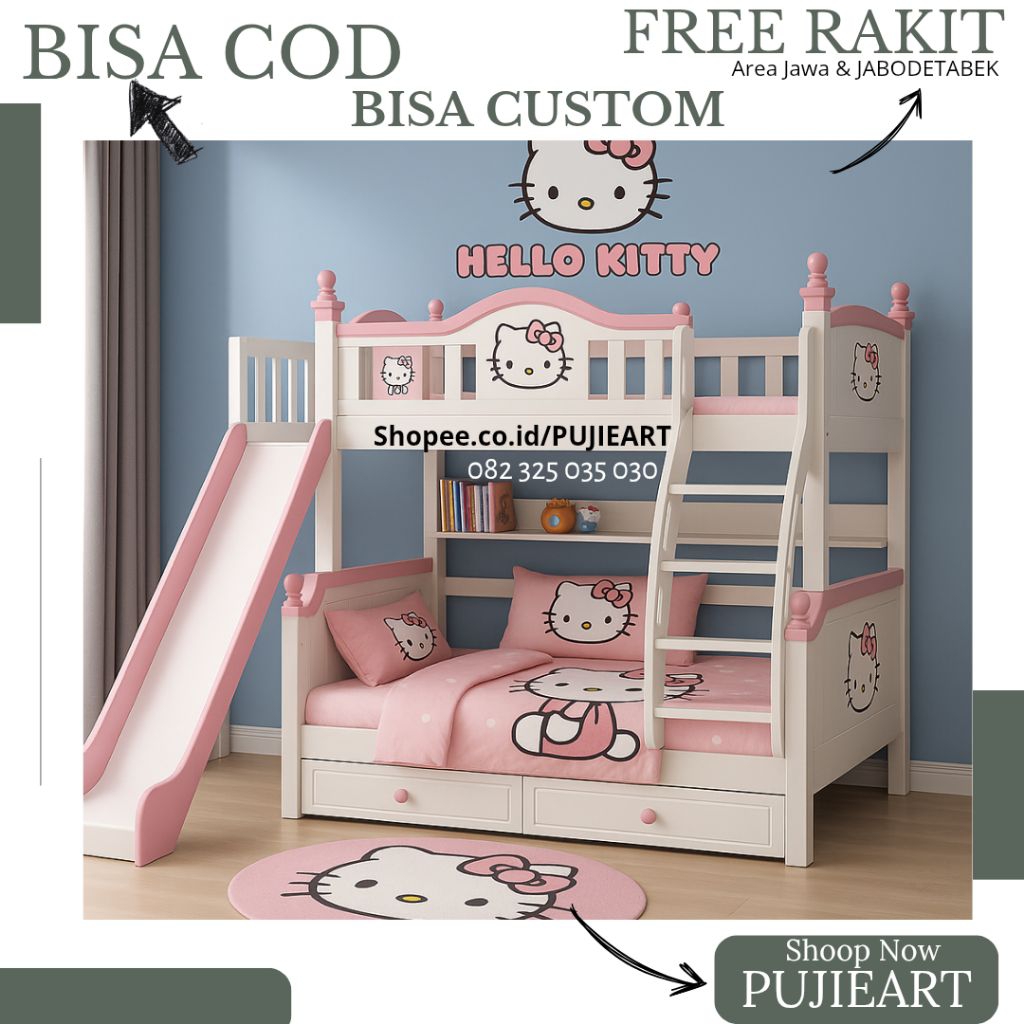Ranjang Tingkat Anak Perosotan Tema Karakter Hello Kitty