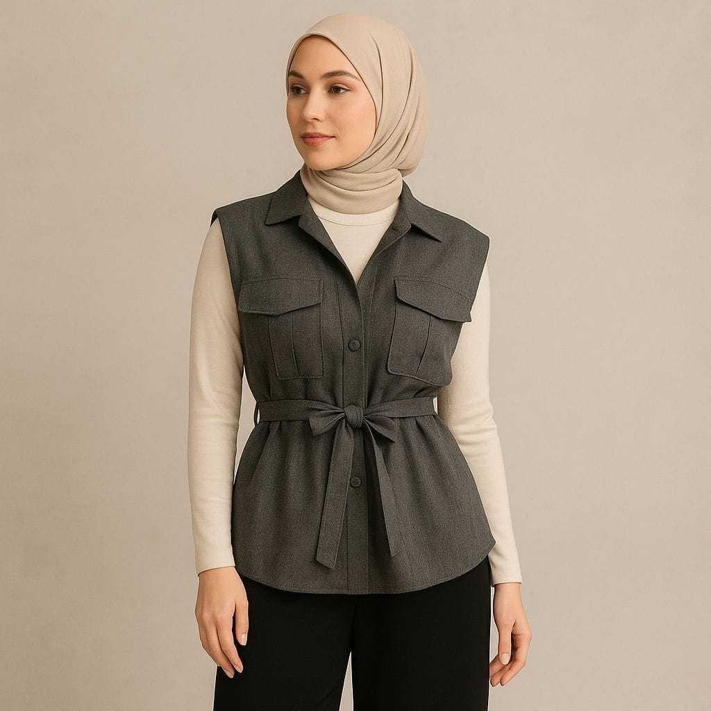 Top Outer Tangan Pendek Pocket Shirt Semiwoll Atasan Wanita Terbaru / Rompi wanita kekinian