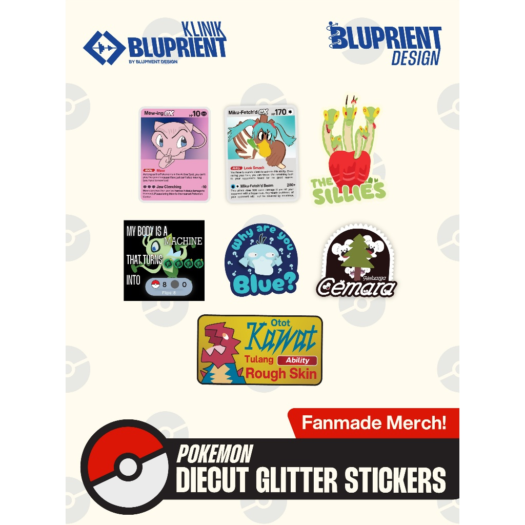

Sticker Pokemon Glitter Fanmade - Tema Pokemon - Sticker Vinyl Lucu Meme Jokes Tahan Air Waterproof - Stiker Pokemon 5cm by Klinik Bluprient