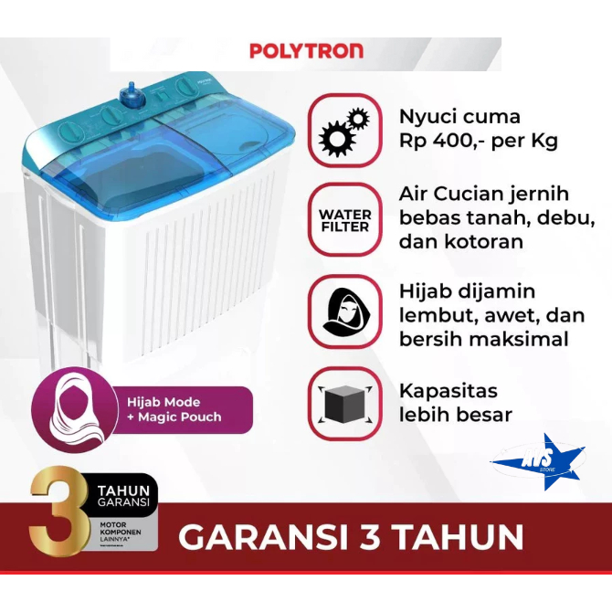 POLYTRON MESIN CUCI 2 TABUNG PRIMADONA GIANT KAPASITAS 7KG PWM 7072