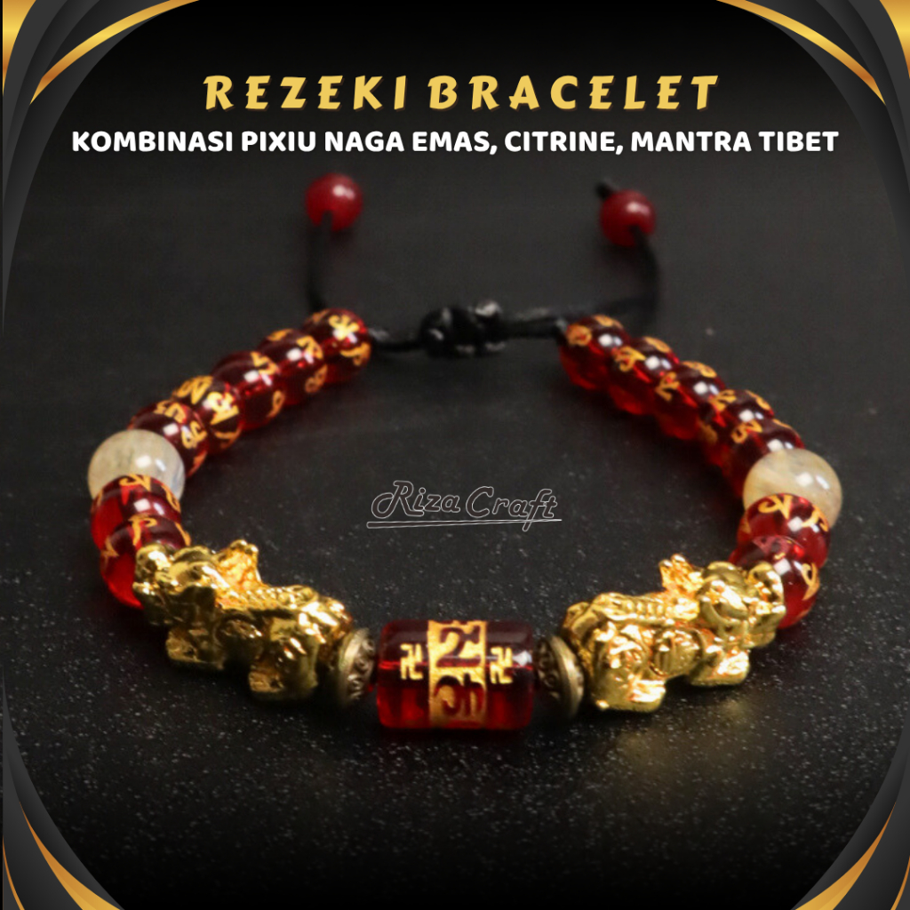 Gelang Serut Batu Ukiran Tibet Alam Kecil Kristal Merah Pixiu Naga Emas Akik Kombinasi Citrine Asli 
