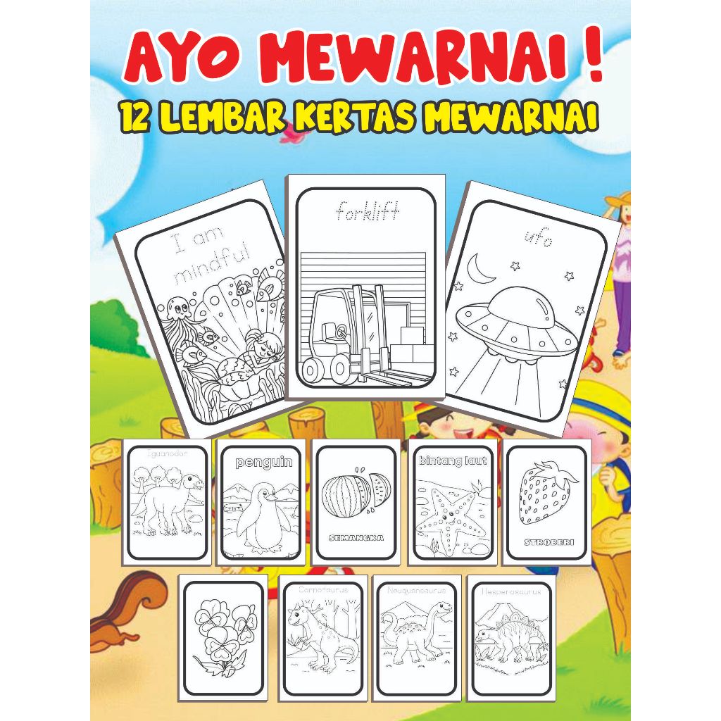

12 lembar kertas mewarnai anak tk paud sd buah bunga hewan kendaraan dinosarus sayur ukuran A5