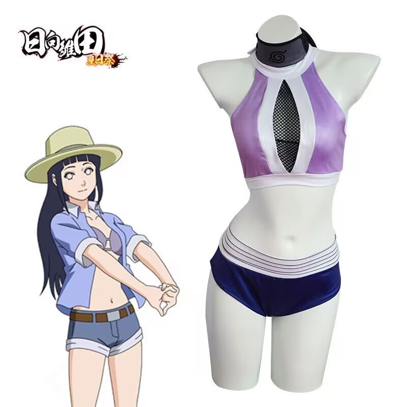 Anime Hyuga Hinata Cosplay Costume Wig Purple Swimsuit Shorts Tube Tops Summer Beach Bikini