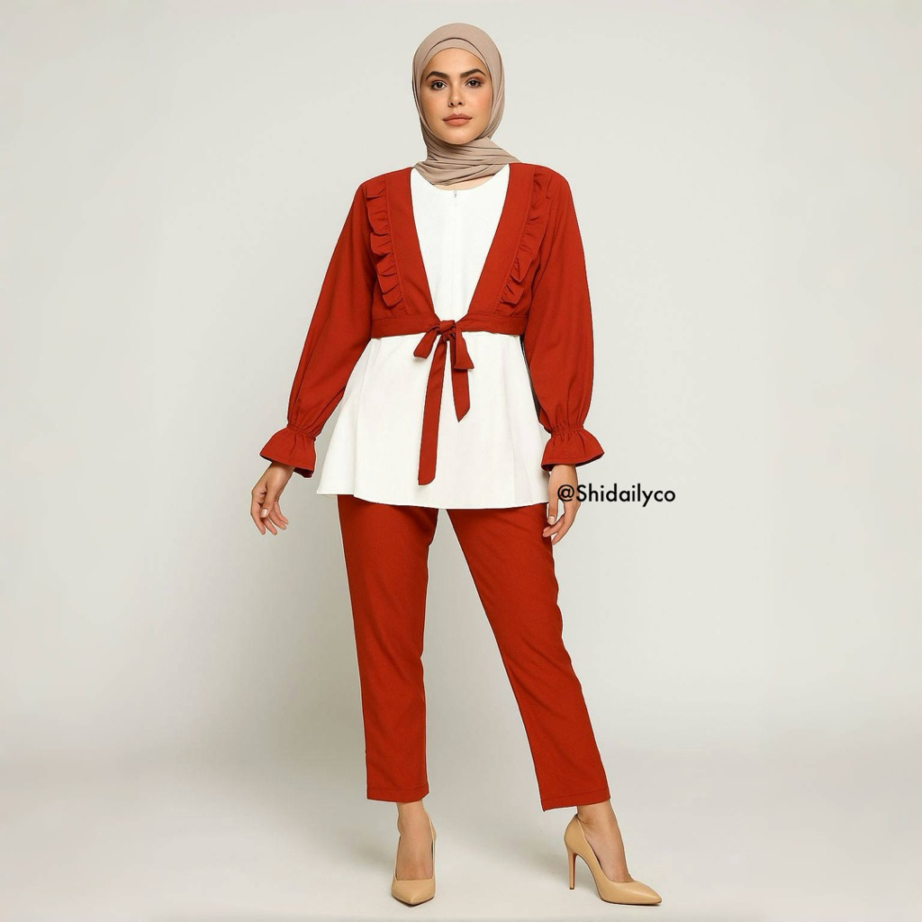 Baju Setelan Wanita Kekinian One Set Korea Hijab Muslim Lengan Panjang Setelan Celana Busui Polos