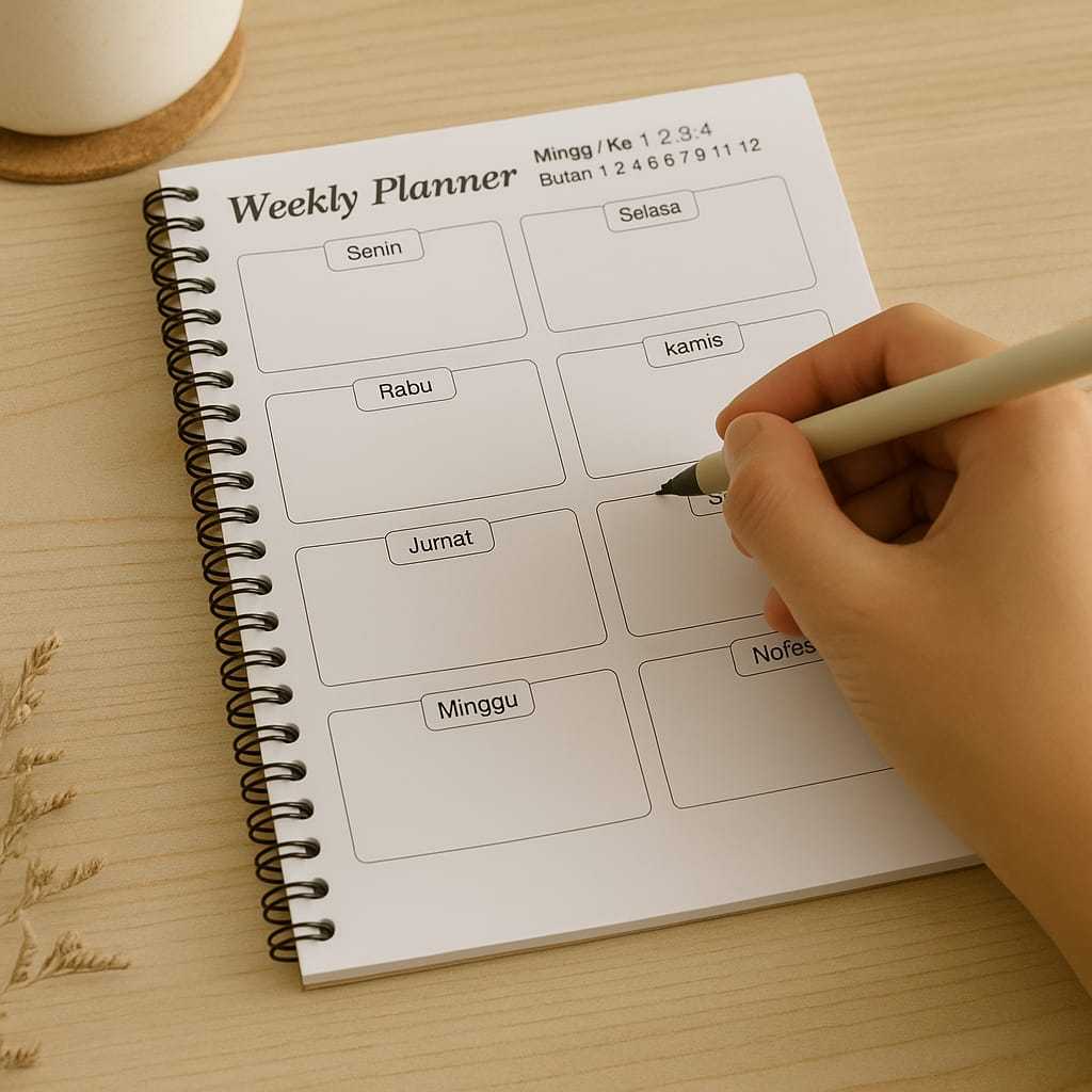 

Planner A5 Mingguan 100 Halaman – Weekly Planner Cetak Hitam | Buku Jadwal Mingguan Minimalist HVS 70gsm