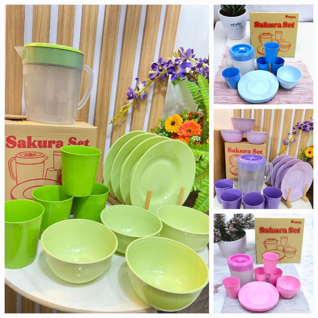 Teko set piring mangkok gelas plastik Sakura set