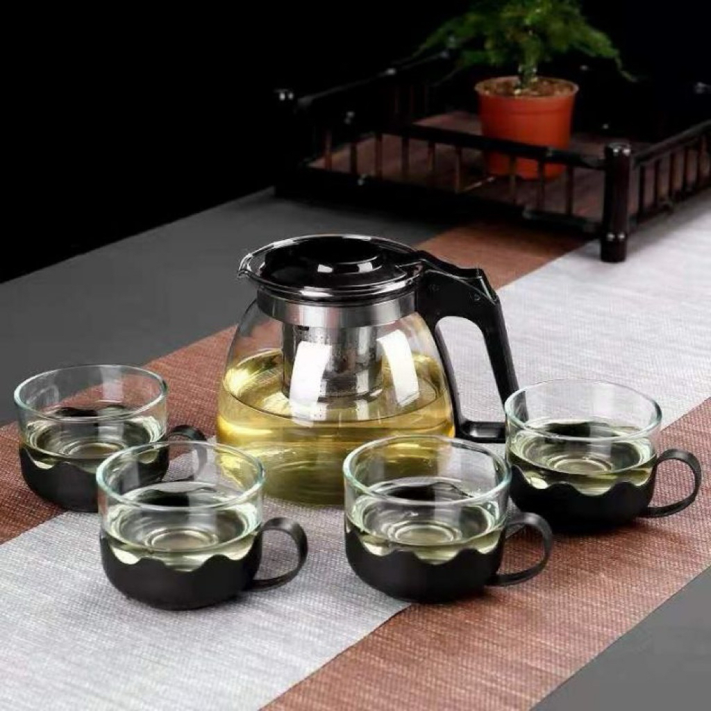 Tea Pot Saringan Teh dan Kopi 5 In 1 Teko Hitam Teko Set Gelas