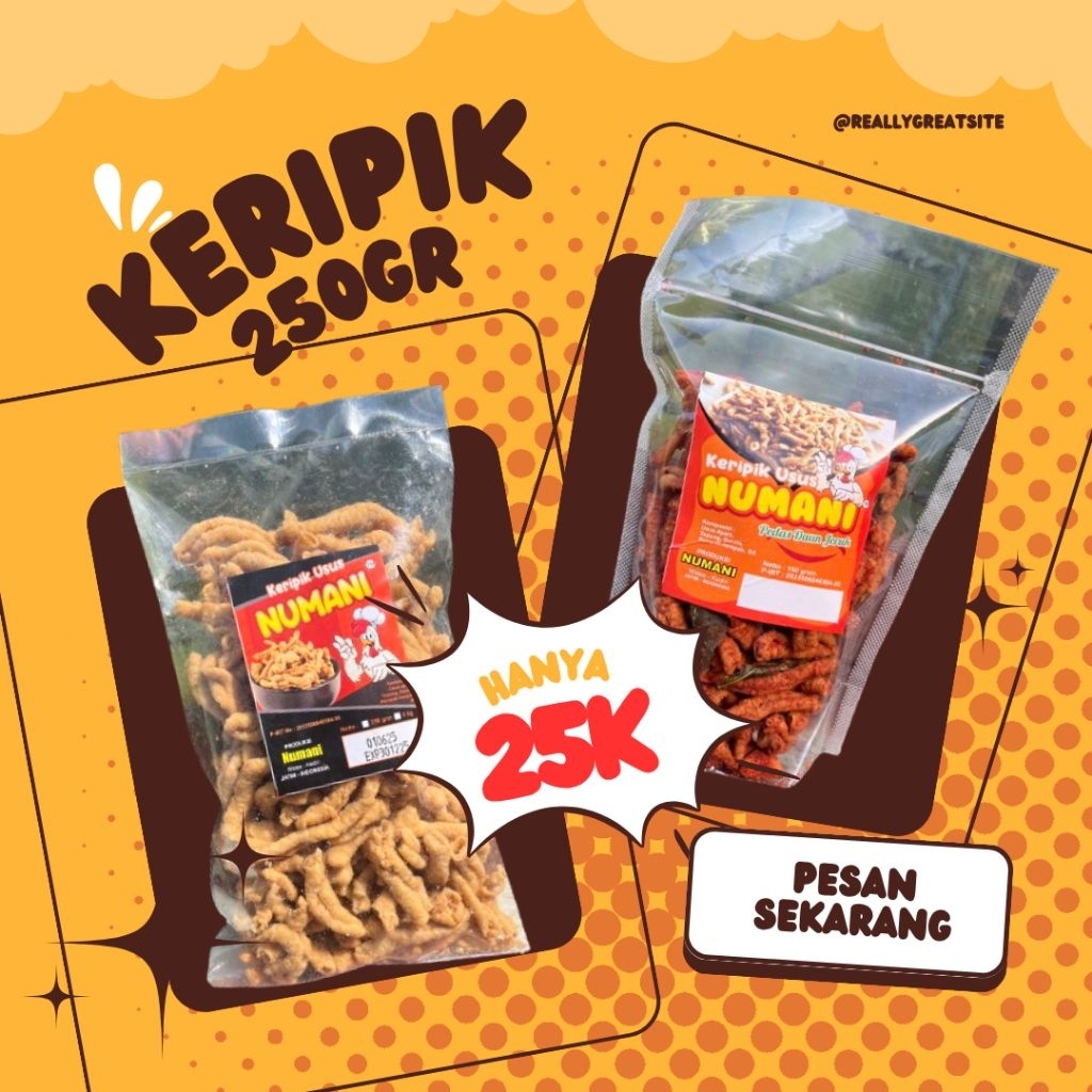 

(Numani) Bundling keripik usus original 250gr + usus pedas daun jeruk 250gr