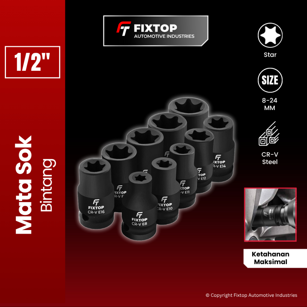 FIXTOP Mata Sok Shock Bintang Impek Impact ½ Inch Ukuran E8 E10 E12 E14 E16 E18 E20 E24 Impeck Sock 