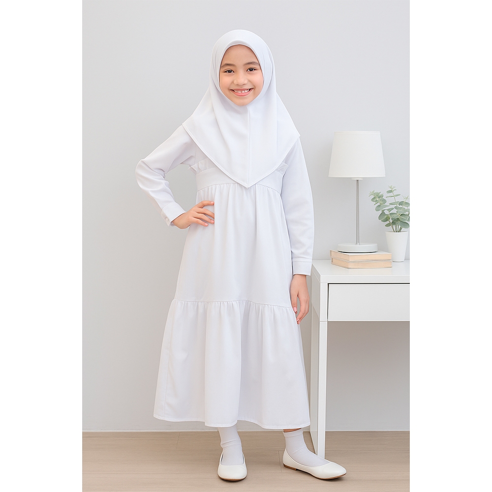GAMIS RAISYA ANAK PEREMPUAN SET HIJAB TOYOBO PUTIH HITAM UNGU 2 TAHUN - JUMBO