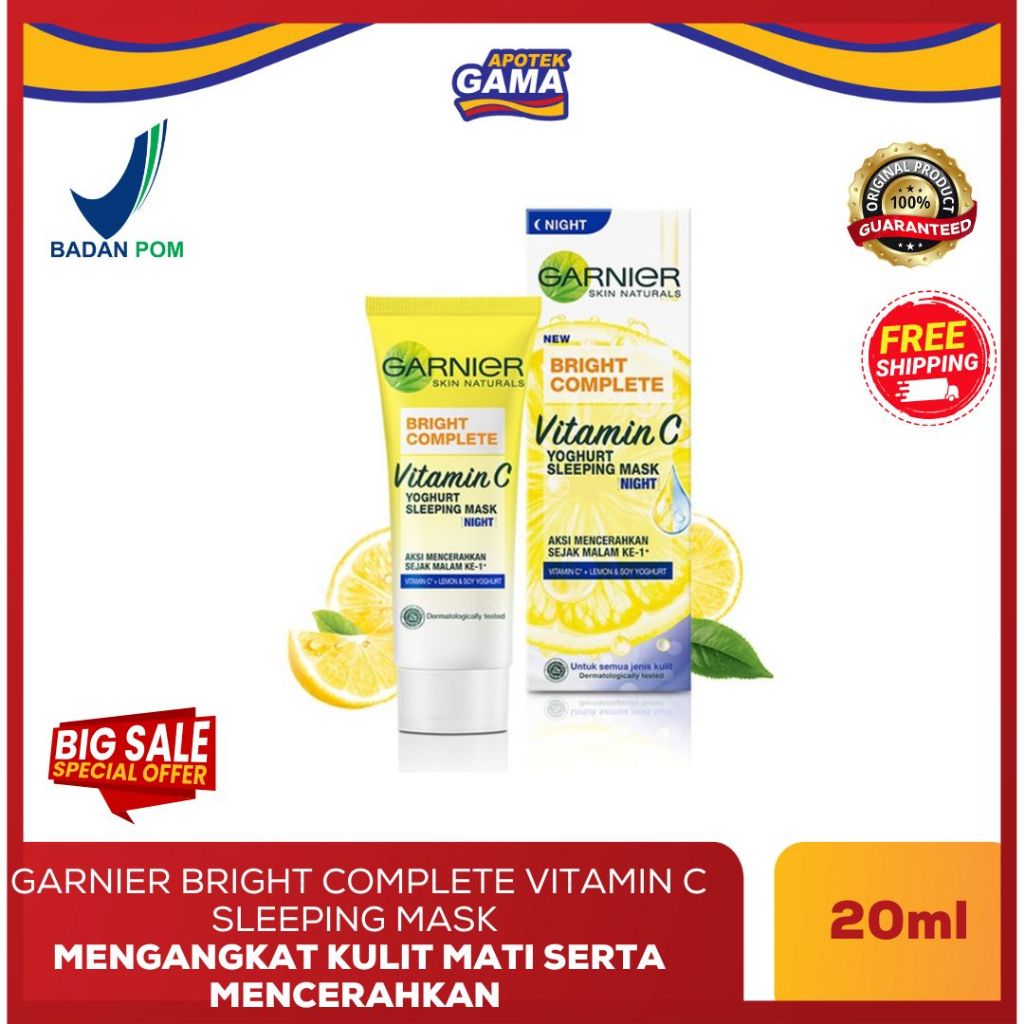 Garnier Bright Complete Sleeping Mask Vitamin C 20ml – Masker Wajah Malam Pencerah & Glowing | Resmi