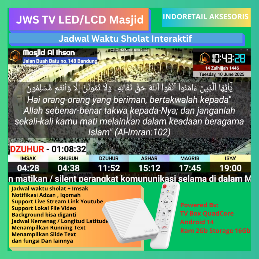 Jam Digital Masjid LED LCD JWS Jadwal Waktu Sholat Notifikasi Adzan Iqomah Tartir Tarhim Interaktif 