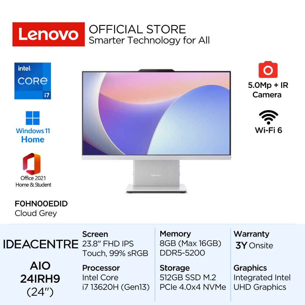 Lenovo PC IdeaCentre AIO 3i 24IRH9 Intel Core i7 13620H Win11 8GB 512GB SSD 23.8" FHD IPS Touch 100H