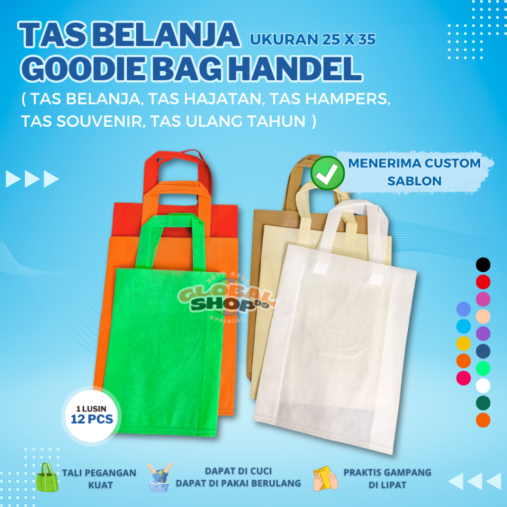 

TAS SPUNBOND 1LUSIN 12PCS POLOS CUSTOM - GOODIE BAG HANDLE UKURAN KECIL 25X35CM