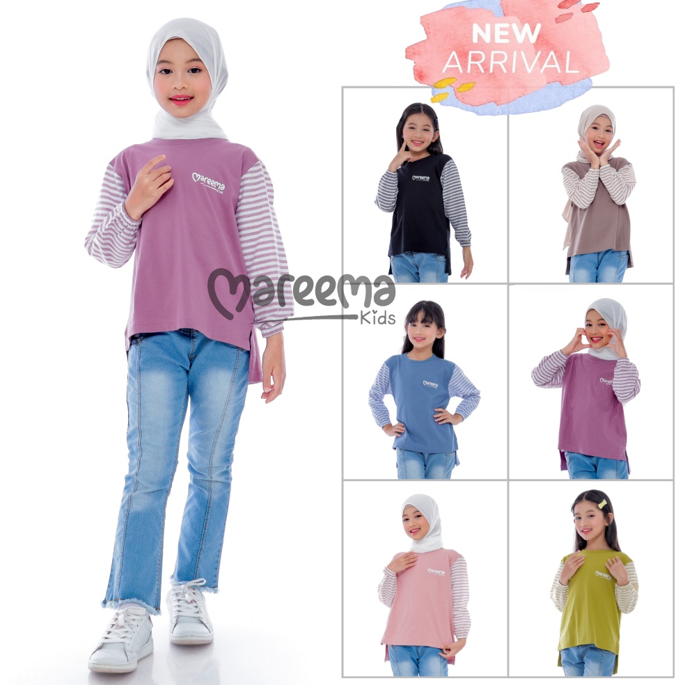 KODE I86C Atasan Baju Kaos Anak Perempuan Lengan Panjang Salur Terbaru Kekinian Usia 5 Sampai 14 Tah