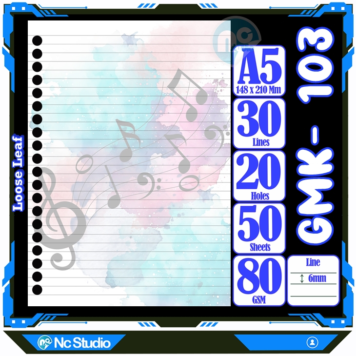 

Loose leaf Kertas binder A5 Isi 50 Lembar Polos karakter Gitar Musik irama lagu tangga nada autestic autestik Buku Refil isi ulang lucu warna warni bergambar garis Repil Vol-1