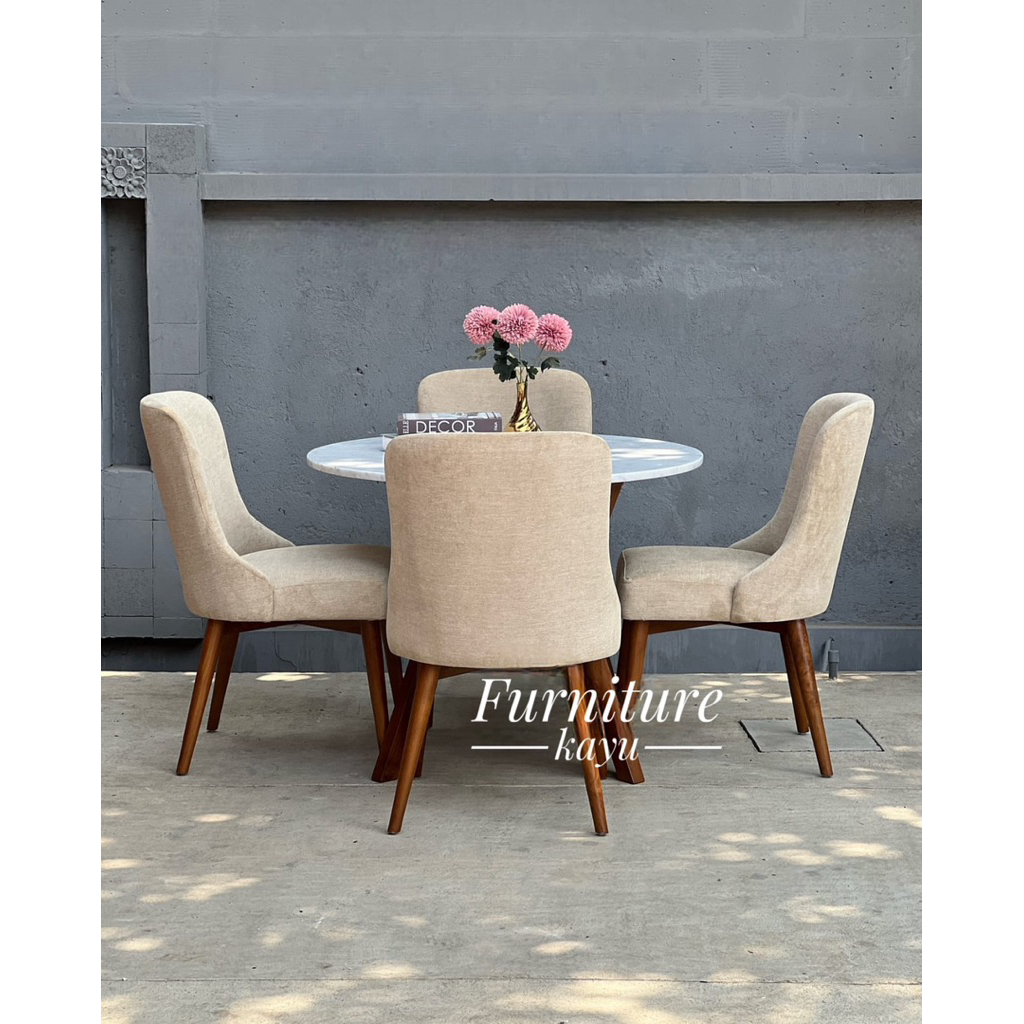 meja Makan kayu jati, meja makan top marmer kayu jati, set meja makan 4 kursi top marmer bulat