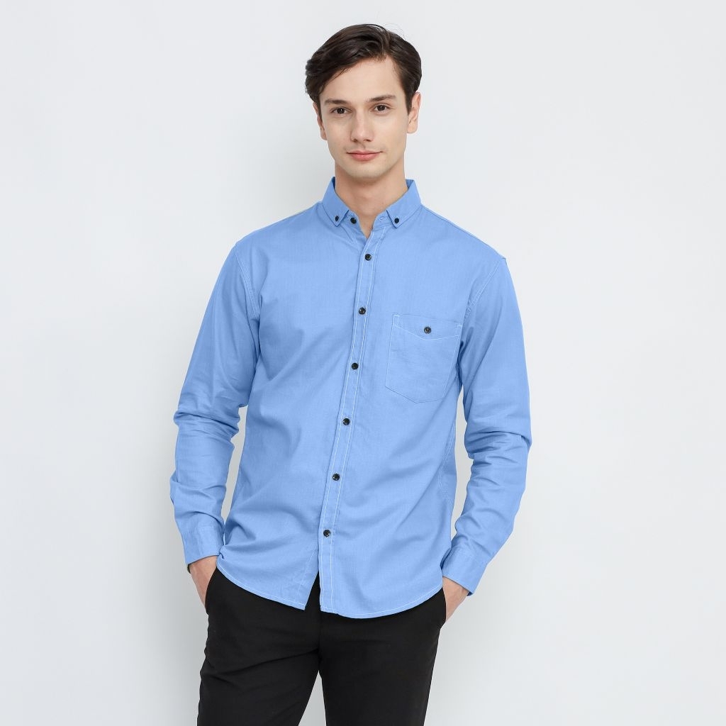 Milgo Kemeja Biru Pria Lengan Panjang Polos Slim Fit Premium Baju Kerja Kantor Cowok Casual Formal B