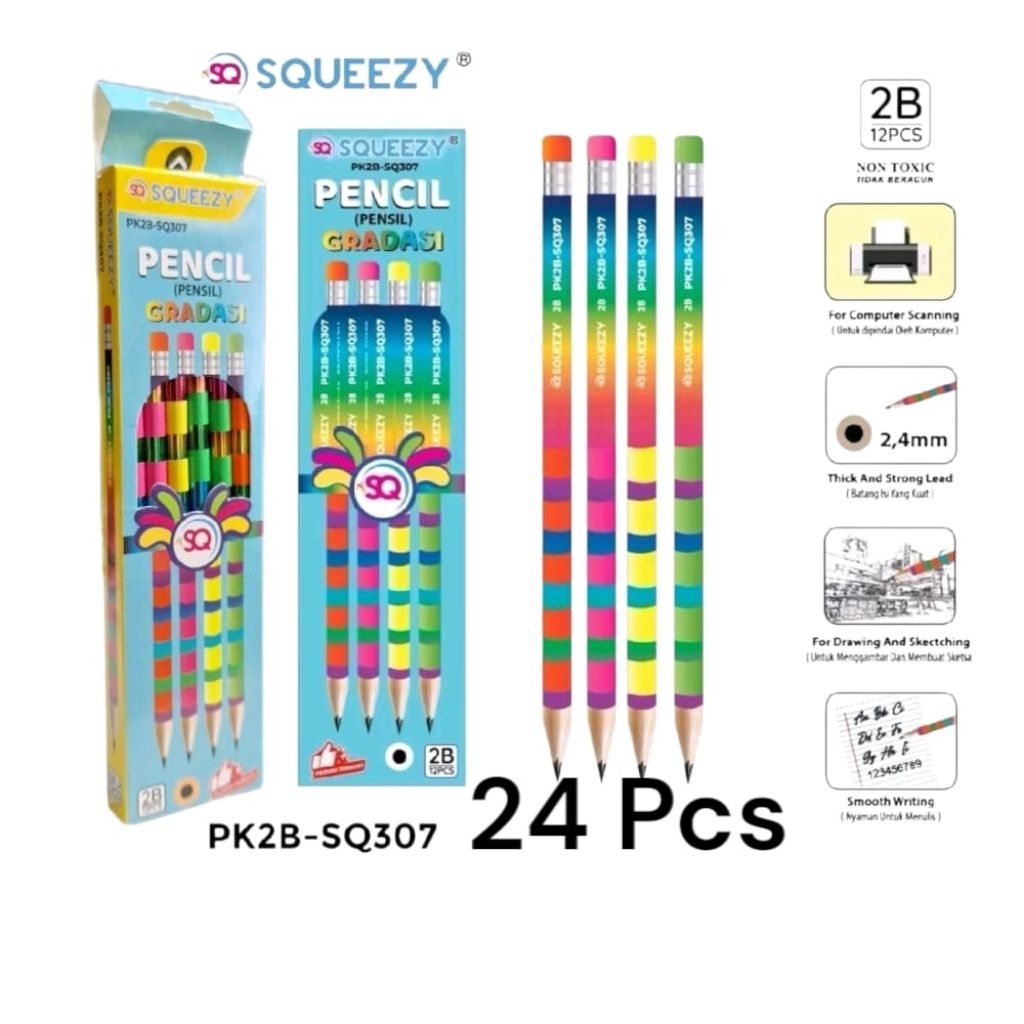

24 Pcs Pensil 2B SQUEEZY-307/Pensil Ujian/Pencils Office/Stationery/Alat Tulis