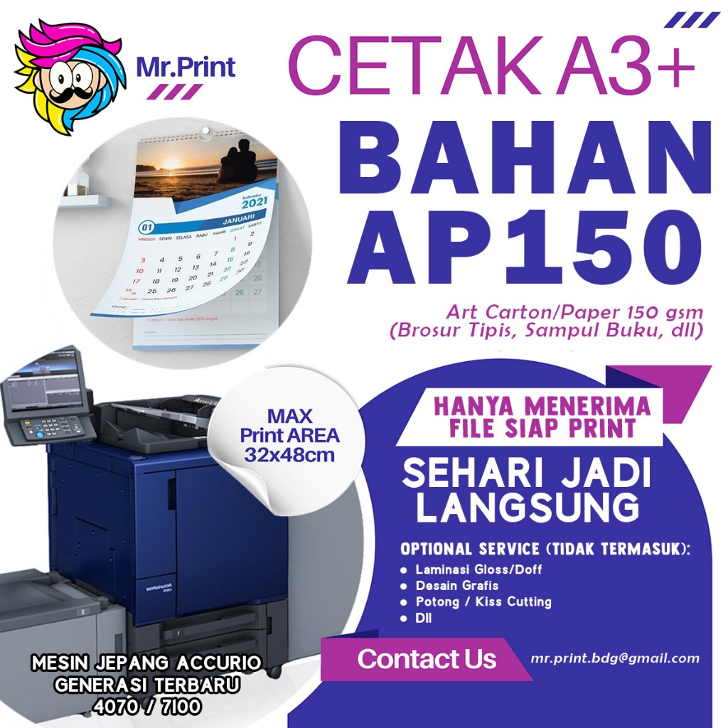 

Jasa Digital Print Cetak A3+ kertas Ap150 Ac150 Art Carton 150gsm Art Paper 150 Percetakan Kertas Digital Laser Toner Print Mesin Jepang Konica Minolta Accurio 2026 -MR.PRINT