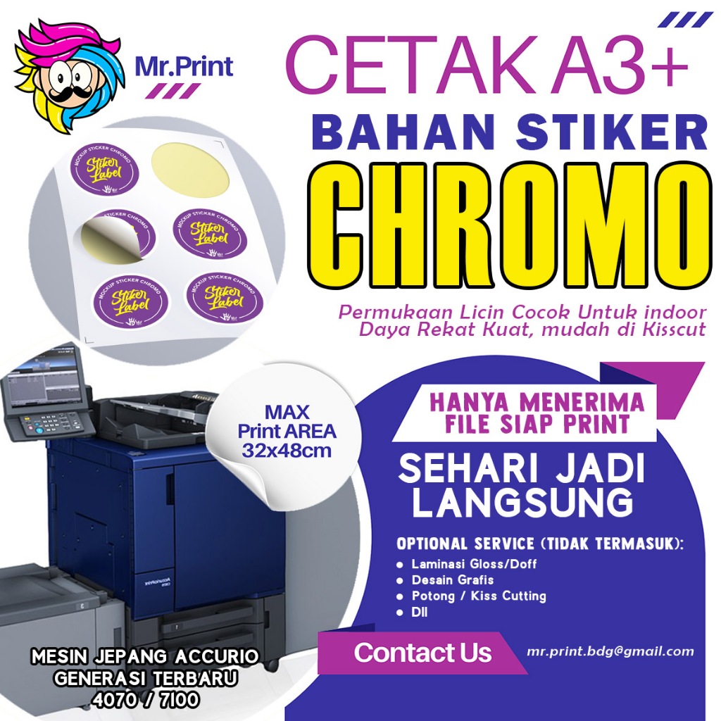 

Jasa Digital Print Cetak A3+ kertas Chromo Sticker Kuning Chromo Percetakan Stiker chrome cromo Digital Laser Toner Print Mesin Jepang Konica Minolta Accurio 2026 -MR.PRINT