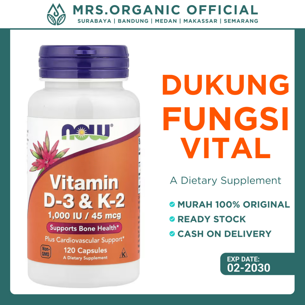 Vitamin D-3 & K-2 Vitamin D3K2 (D3 1,000IU/K2 45mcg) Vitamin Tulang Glukosa dan Imun NOW Isi 120 Kap