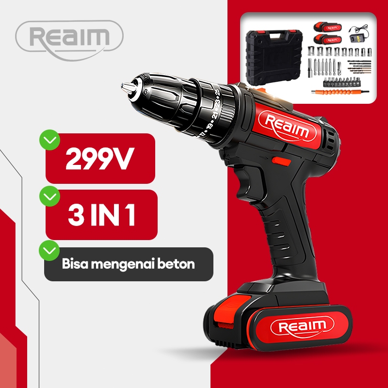 Reaim Bor Baterai 299V Obeng Bor Listrik Set Lengkap Impact Baterai Bor Mini Cordless
