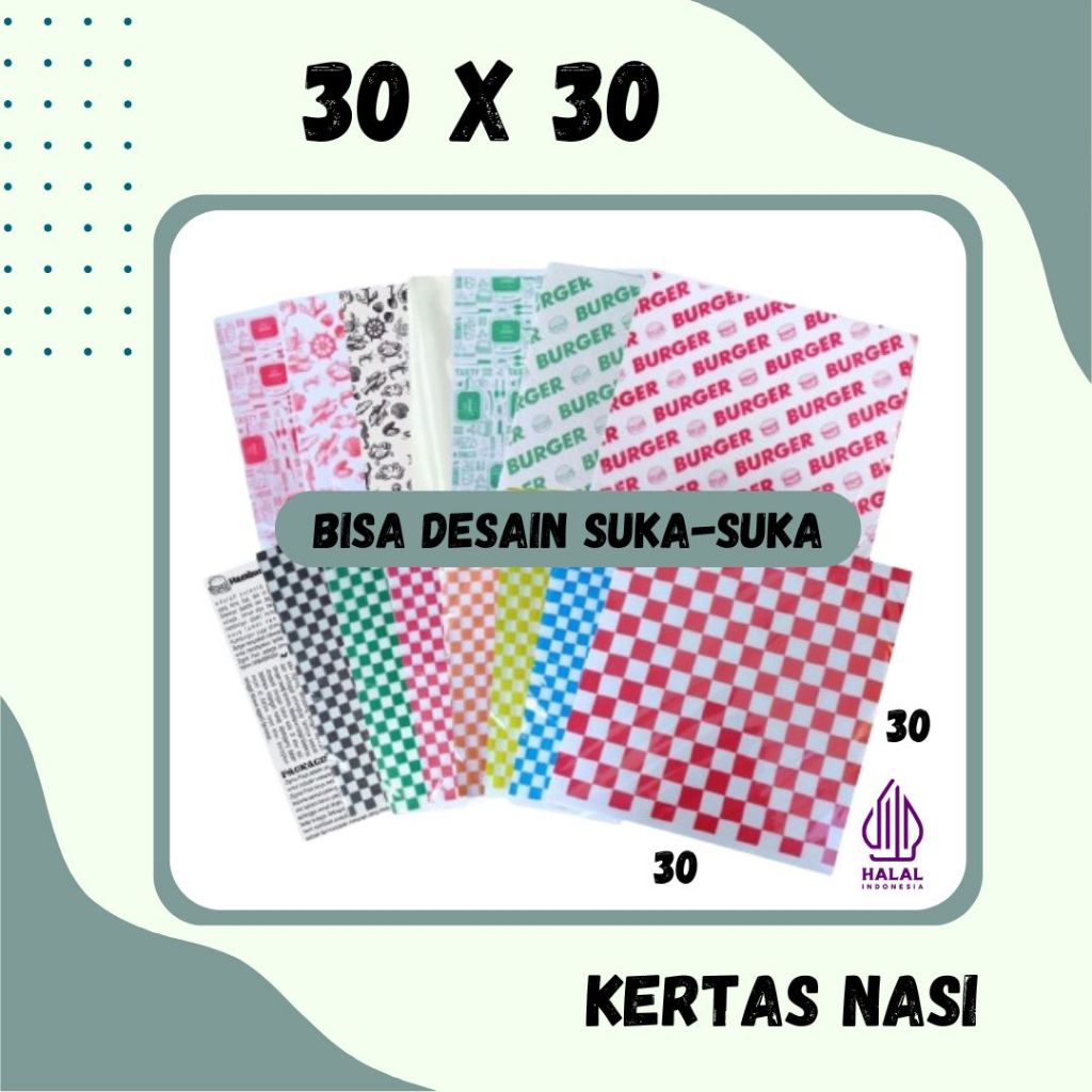 

Kertas Nasi Printing 30x30 | Foodgrade | KFC | Paper Wrap | Burger | Packing Kebab | laminasi