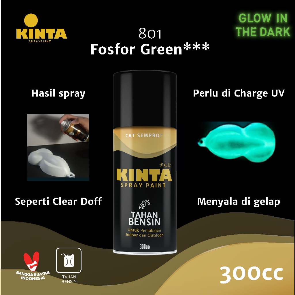 (FOSFOR) 801 FOSFOR GREEN* - KINTA Cat GLOW IN THE DARK semprot / Pilox / Spray paint 300cc