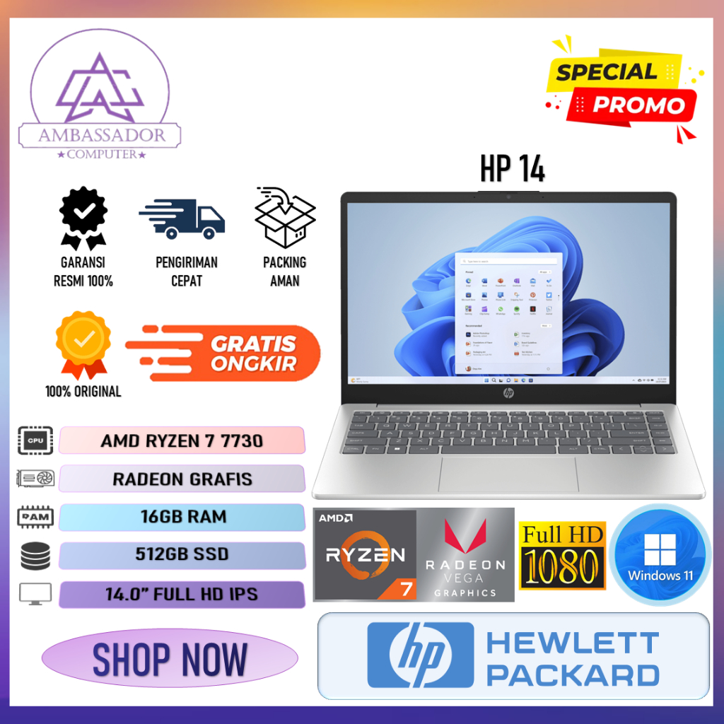 Laptop hp 14 amd ryzen 7 7730 ram 16gb ssd 512gb layar 14.0" full hd ips