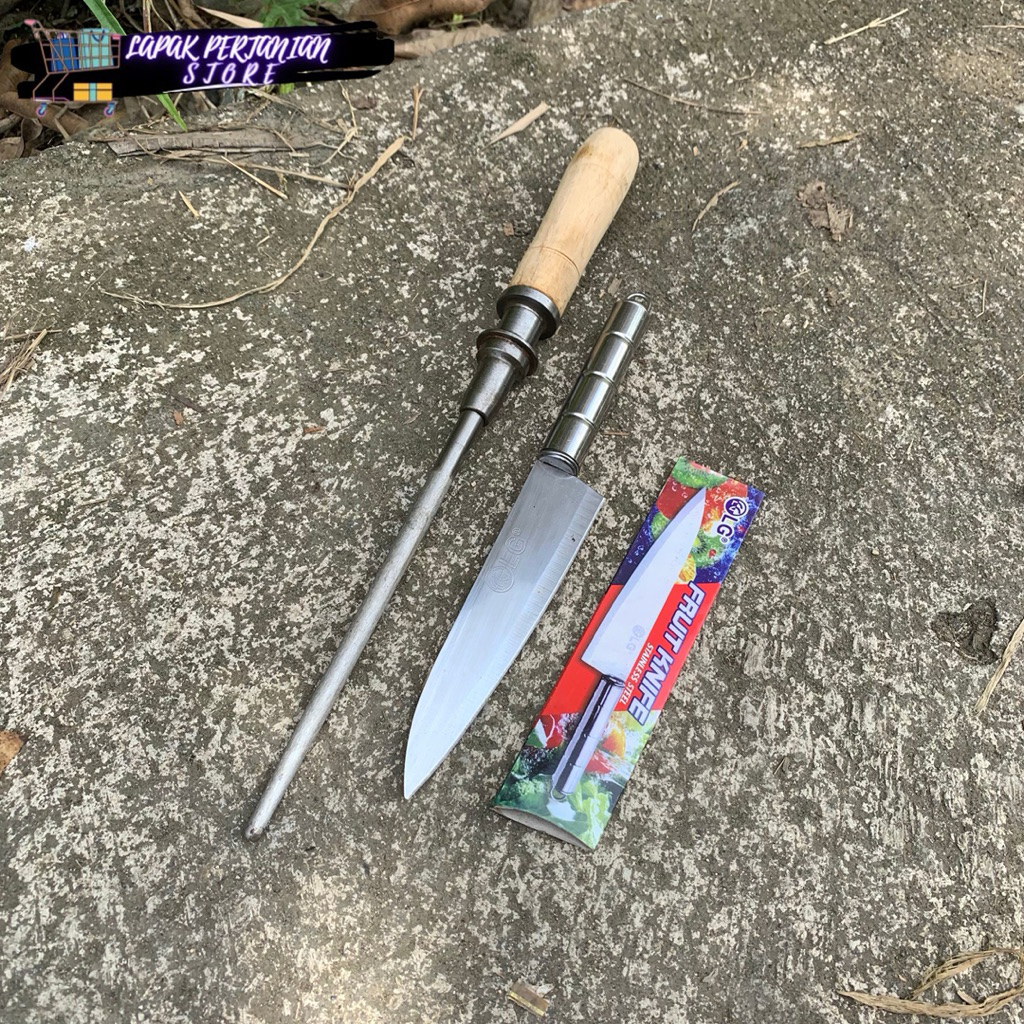 (Paket Dapur) Pisau Dapur Fruit Knife Stainless Steel Asli - Stik Asah Kristal Kasar