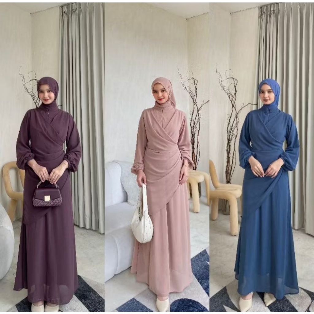 Erina Dress Ootd Hijab Fashion Muslim Simpel Seragam Bridesmaid Terlaris 2025 Warna Burgundy-Mahogan