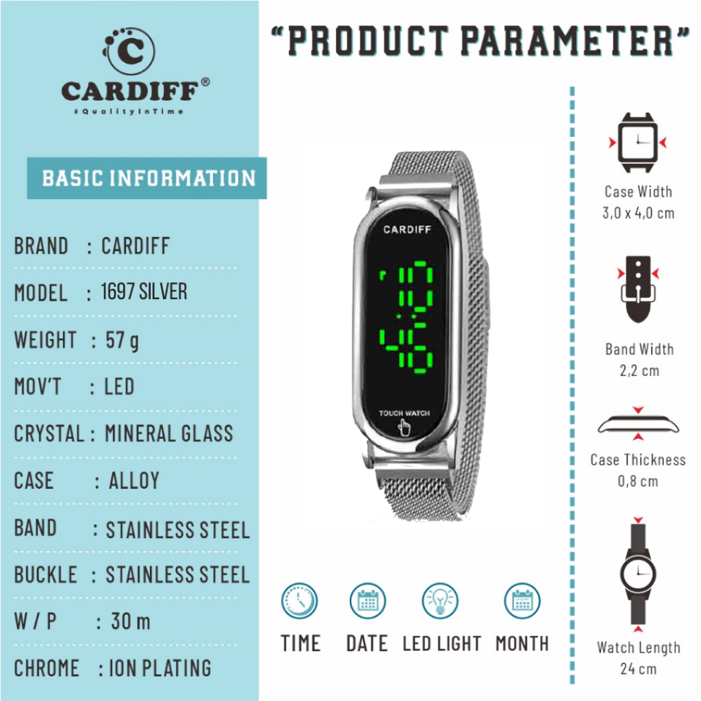 WTT CARDIFF Jam tangan LED touch screen sport pria wanita 1697 Stainless Rantai Tahan Air unisex