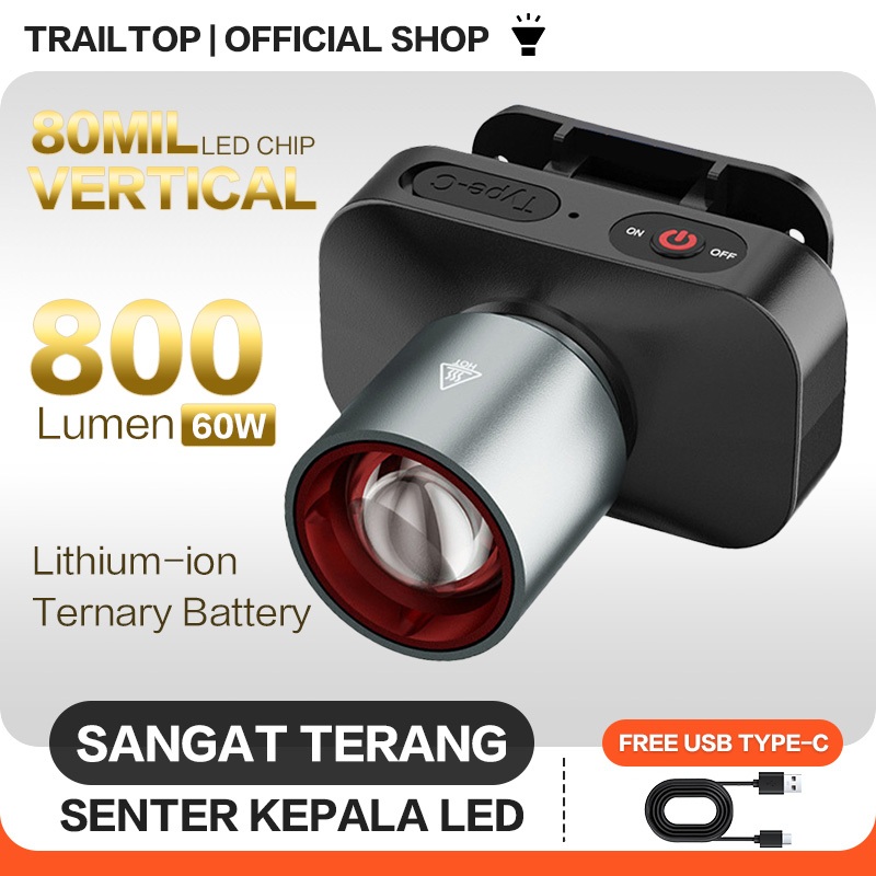 TrailTop Senter Kepala Zoom Head Lamp 60 Watt Super Terang Senter Kepala Zoom Rechargeable