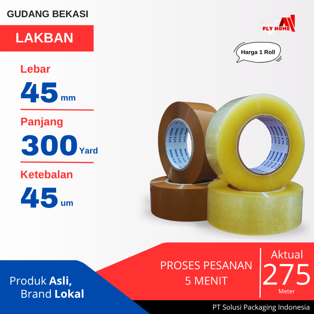 

FLYHOME 1Roll Lakban Bening Coklat 45x300Y 2inci 275METER 300Yard Uk Besar
