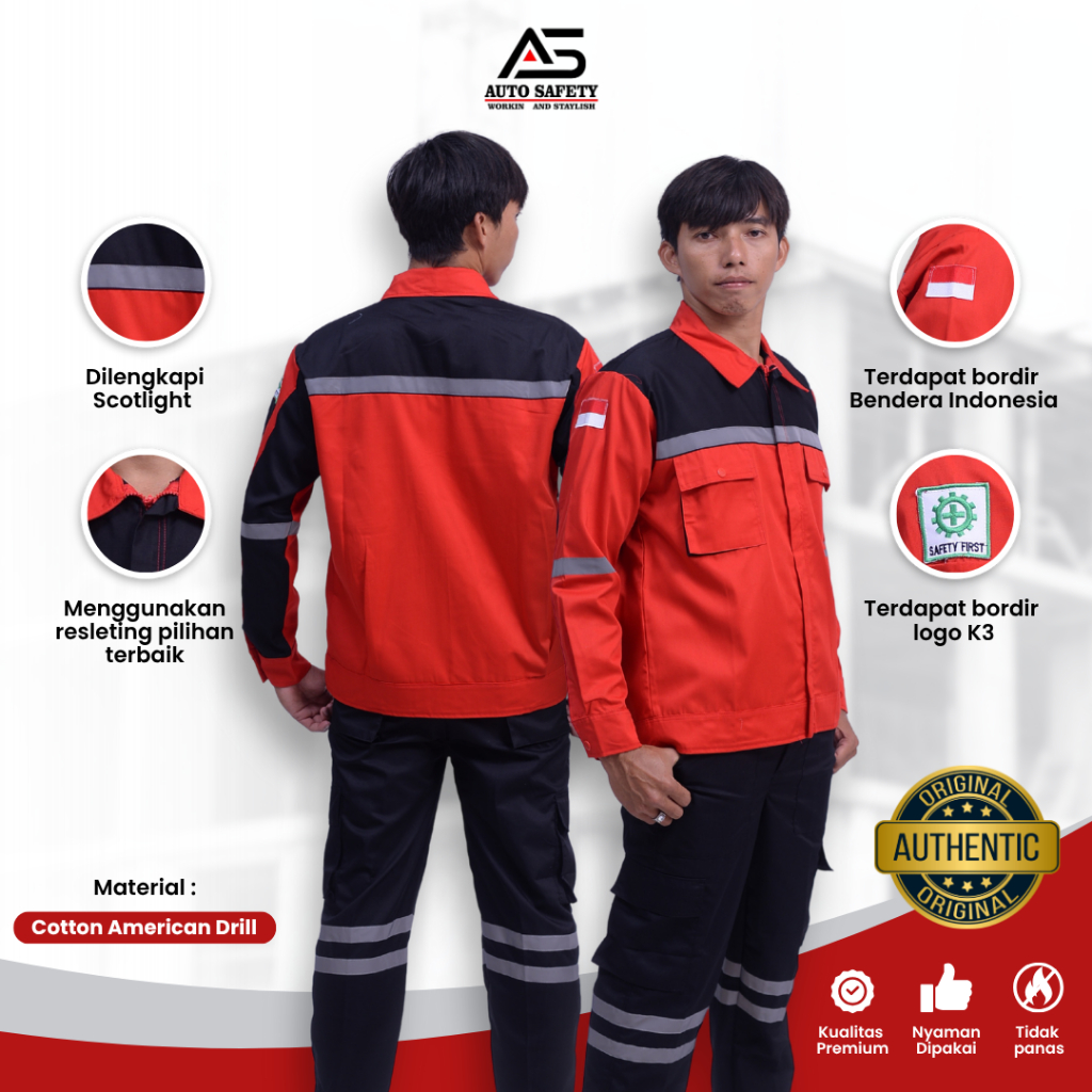 Seragam Atasan PDL  Merah Hitam Auto Safety Baju Wearpack Lengan Panjang
