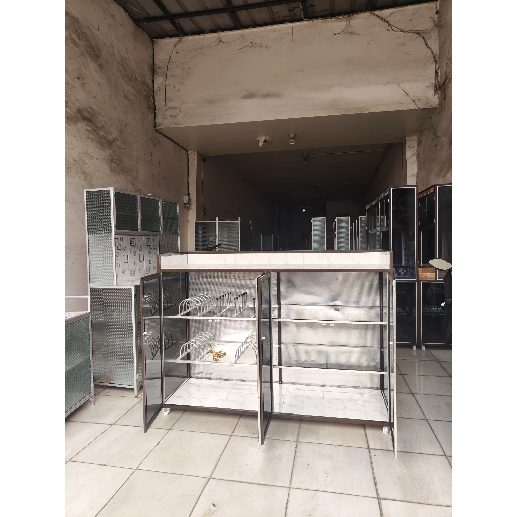 MEJA DAPUR 4 PINTU TIANG ALUMUNIUM HOLO/meja dapur/meja dapur alumunium/meja kopor/meja kompor 2 tun