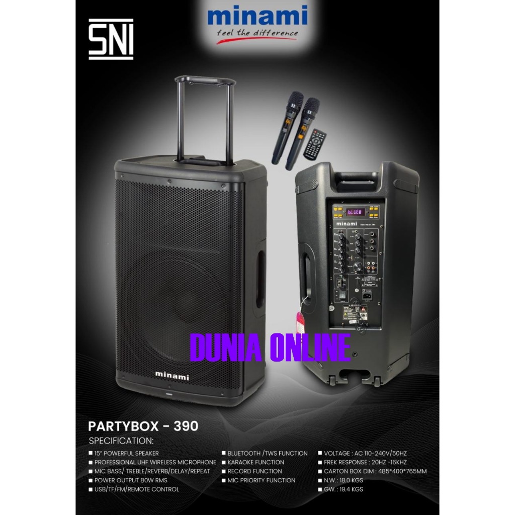 SPEAKER PORTABLE MINAMI PARTYBOX 390 / PARTYBOX -390 / PARTYBOX390 PREMIUM 2 MIC UHF ORIGINAL MINAMI